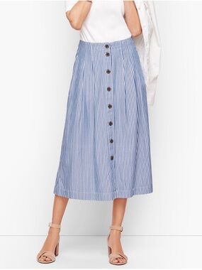 Talbots Striped Blue Button-Front Midi Skirt